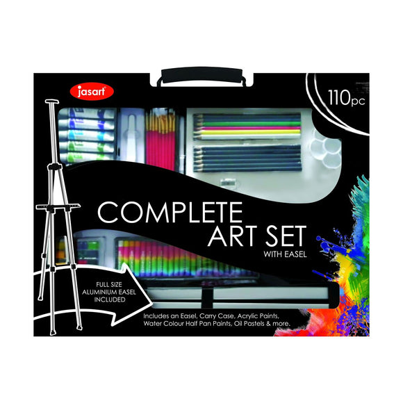 Jasart Complete Art set Includes a full-size aluminium easel, carry case, acrylics, oil pastels, watercolours, brushes, pencils and more.