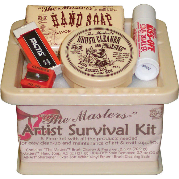 Masters Artist Survival Kit Brush Cleaner and Preserver, Hand Soap, Stain Remover, Sharpener, Eraser, Brush Cleaning Basin